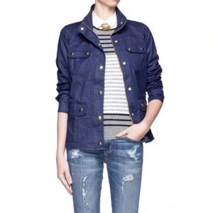J Crew Navy Blue Gold Snap Waxed Utility Rain Jacket Sz XXS EUC